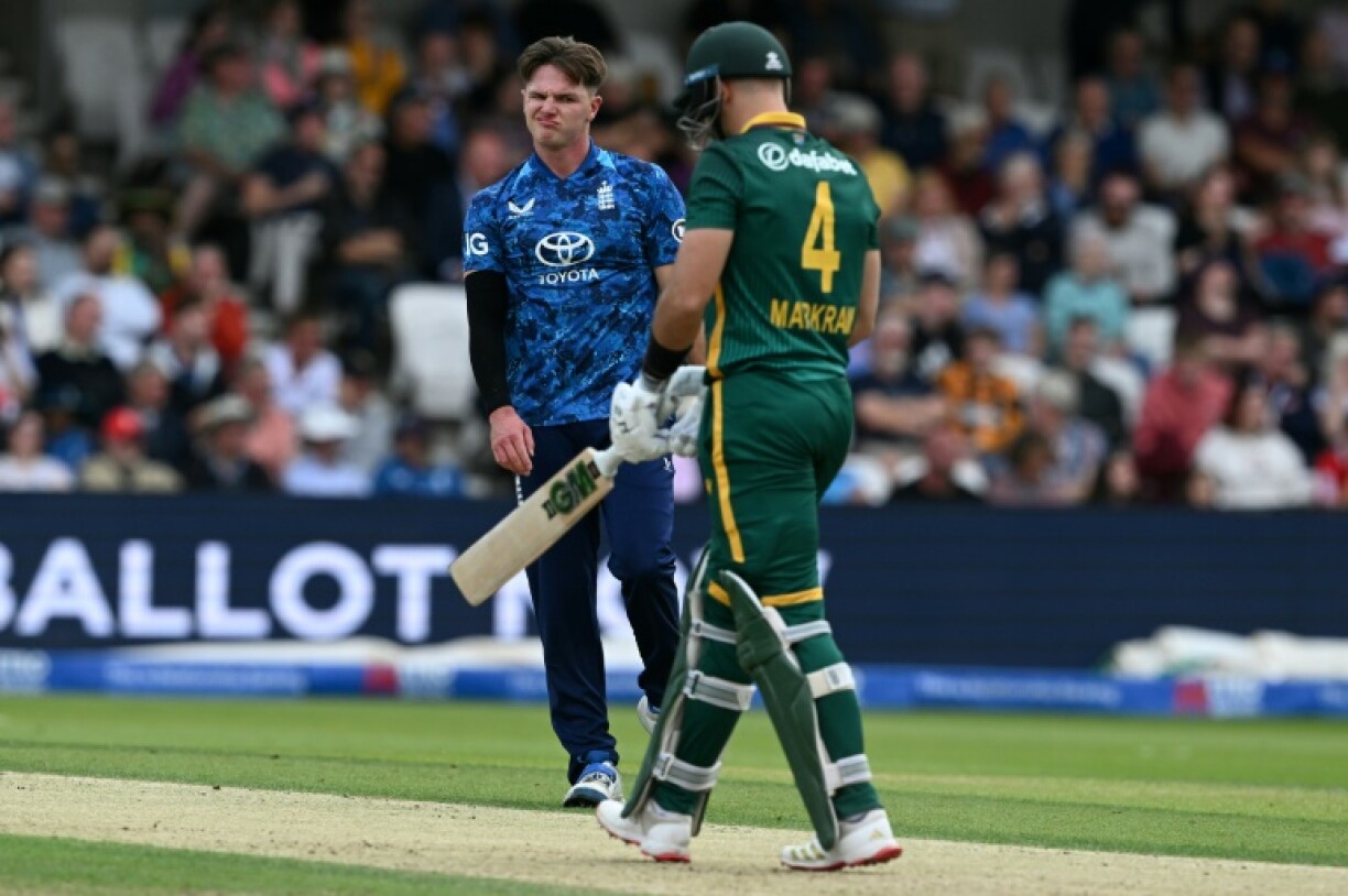 England's Sonny Baker looks on after South Africa's Aiden Markram hits him for a four to complete a fifty in the first ODI at Headingley