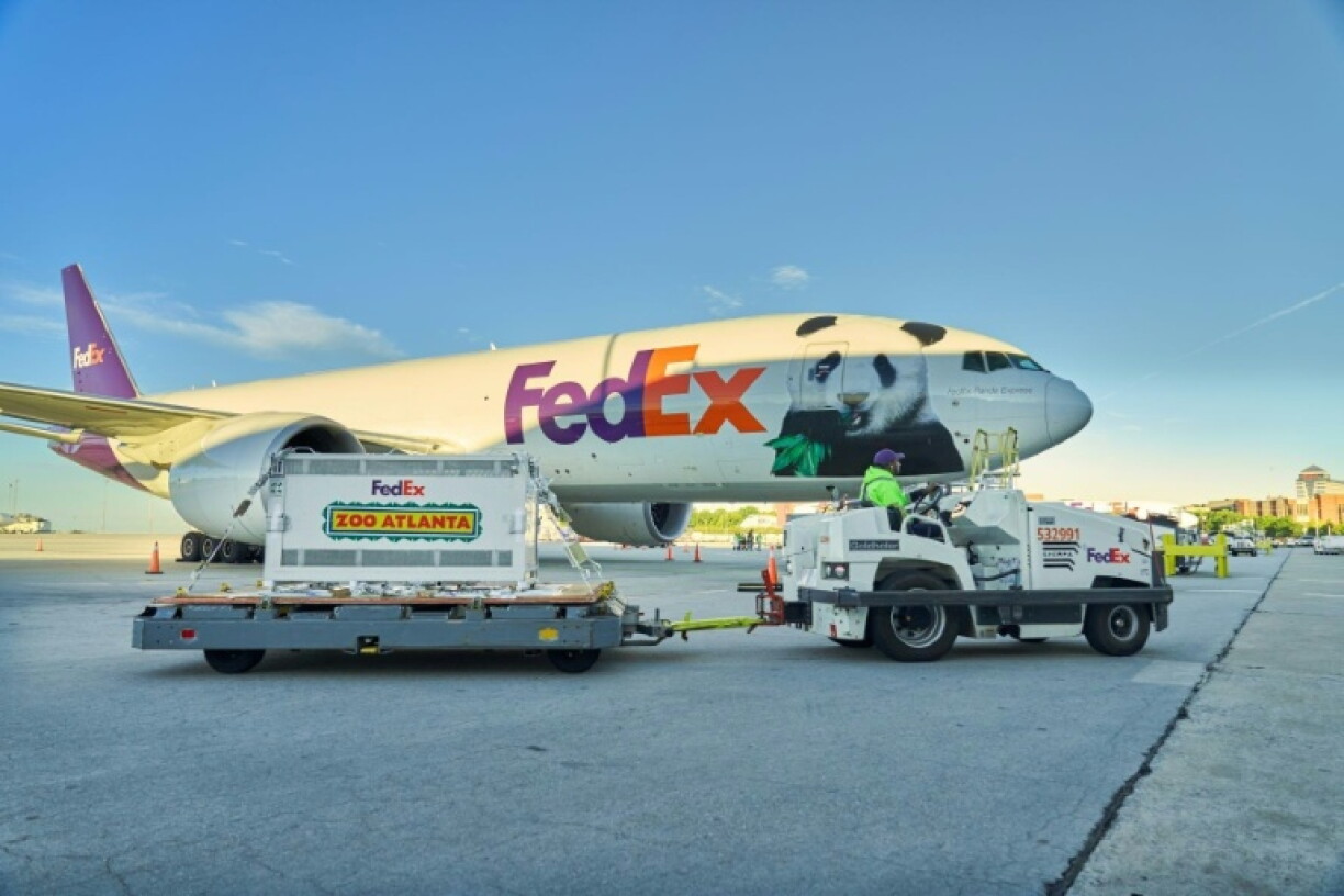 A Fedex plane carrying Ping Ping and Fu Shuang, two giant pandas from China, arrives in Atlanta, Georgia where the bears are beginning a 10-year residency at the city's zoo