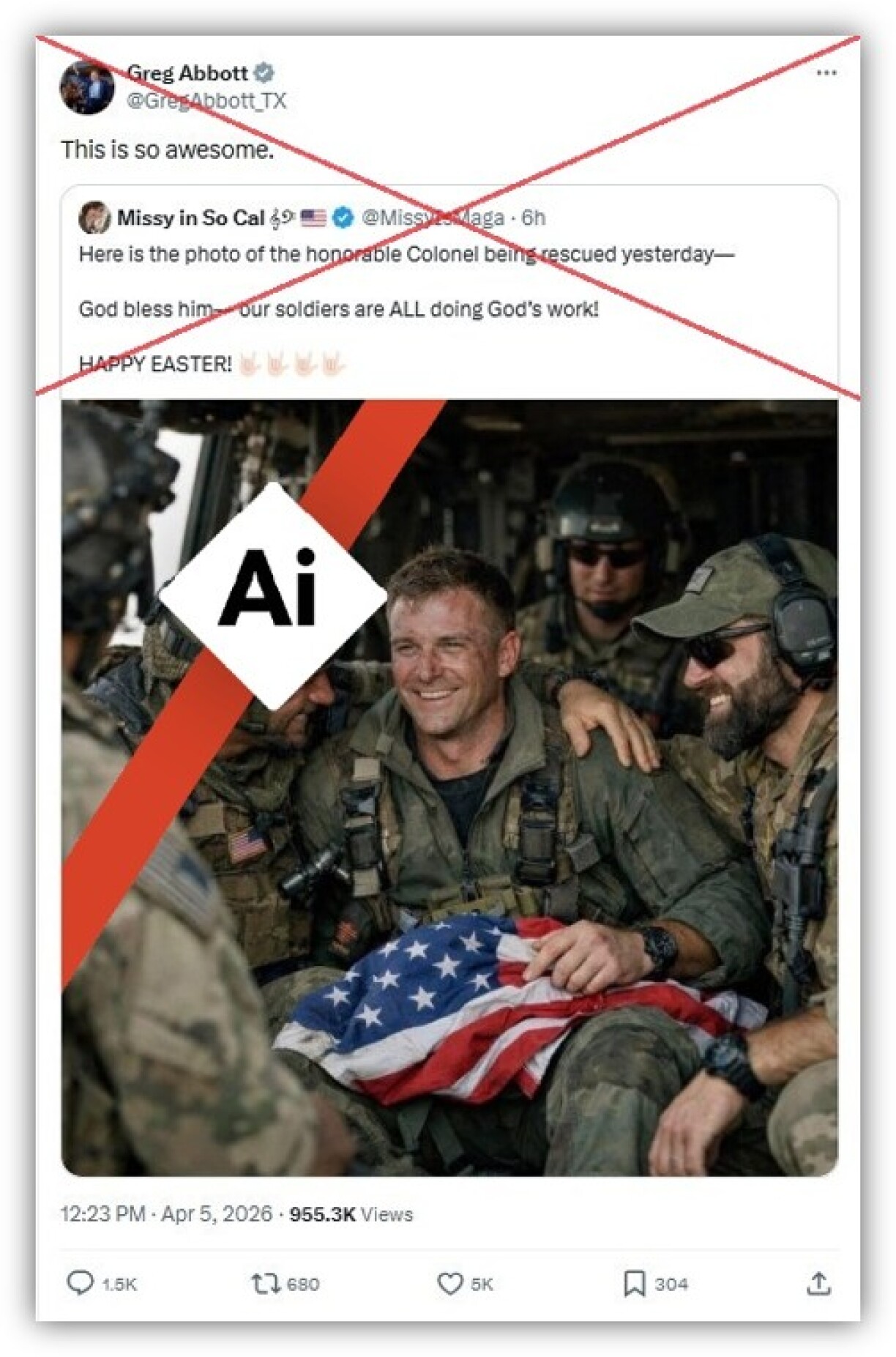 Screenshot from X taken April 5, 2026, with AI logo added by AFP