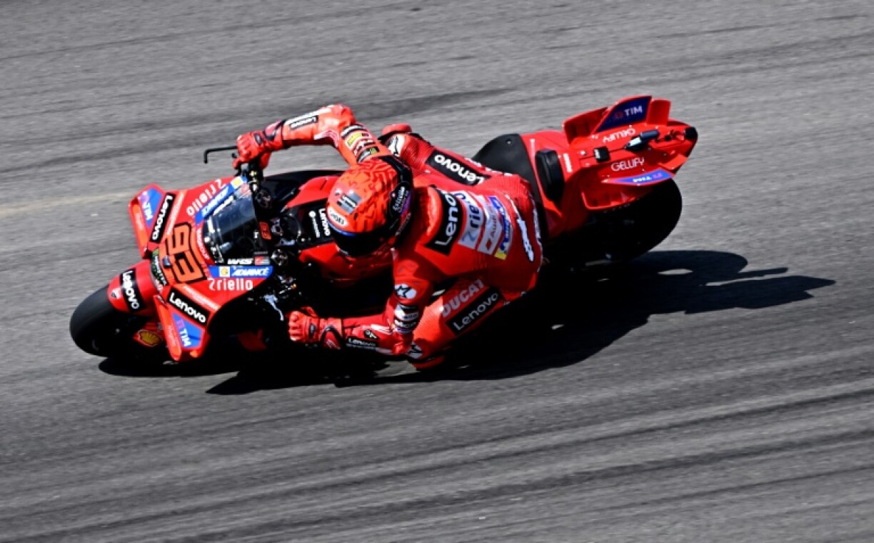 Ducati Lenovo Team Marc Marquez rides during the free practice session of the MotoGP Aragon Grand Prix in Alcaniz, northeastern Spain