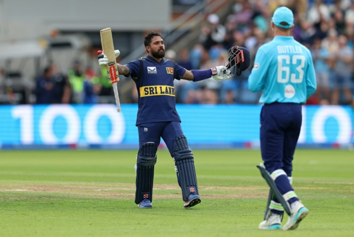 Sri Lanka captain Kusal Mendis celebrates his century during the second ODI against England at Headingley