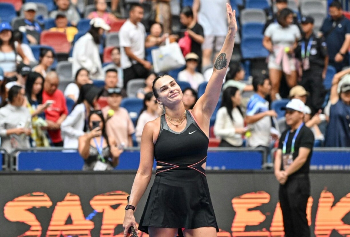 Aryna Sabalenka celebrates after winning against Kazakhstan's Elena Rybakina