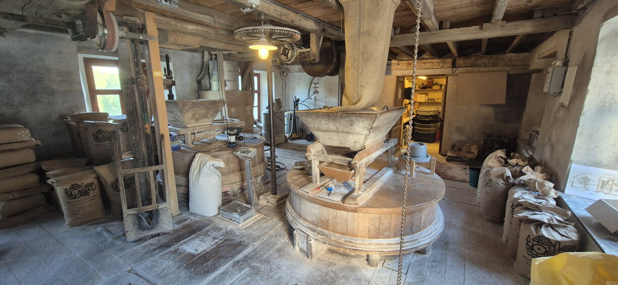 Sous ce coffrage en bois, deux roues pesant 800 kilos, et qui vont broyer le grain grâce à la seule force de l'eau.