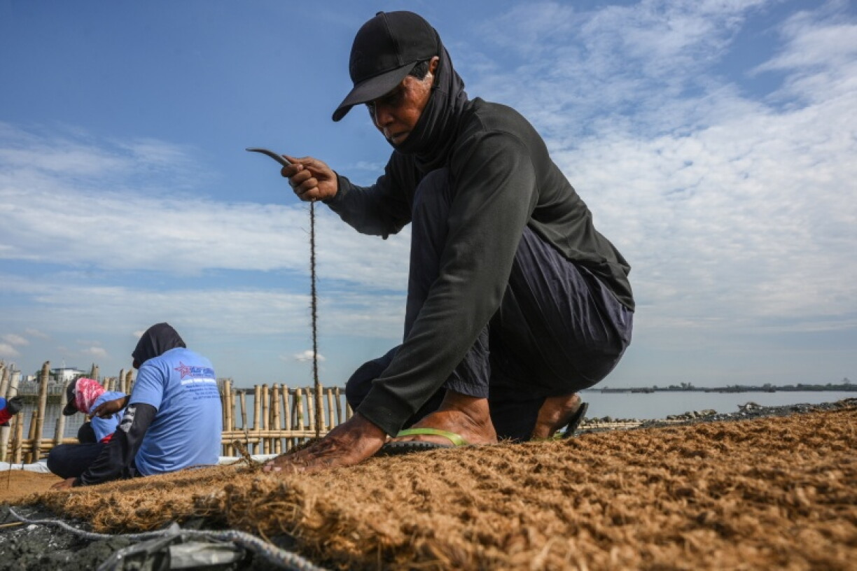 Workers sew coconut-fibre bags on a breakwater at Pamarawan Island in Malolos City, Bulacan province in the Philippines