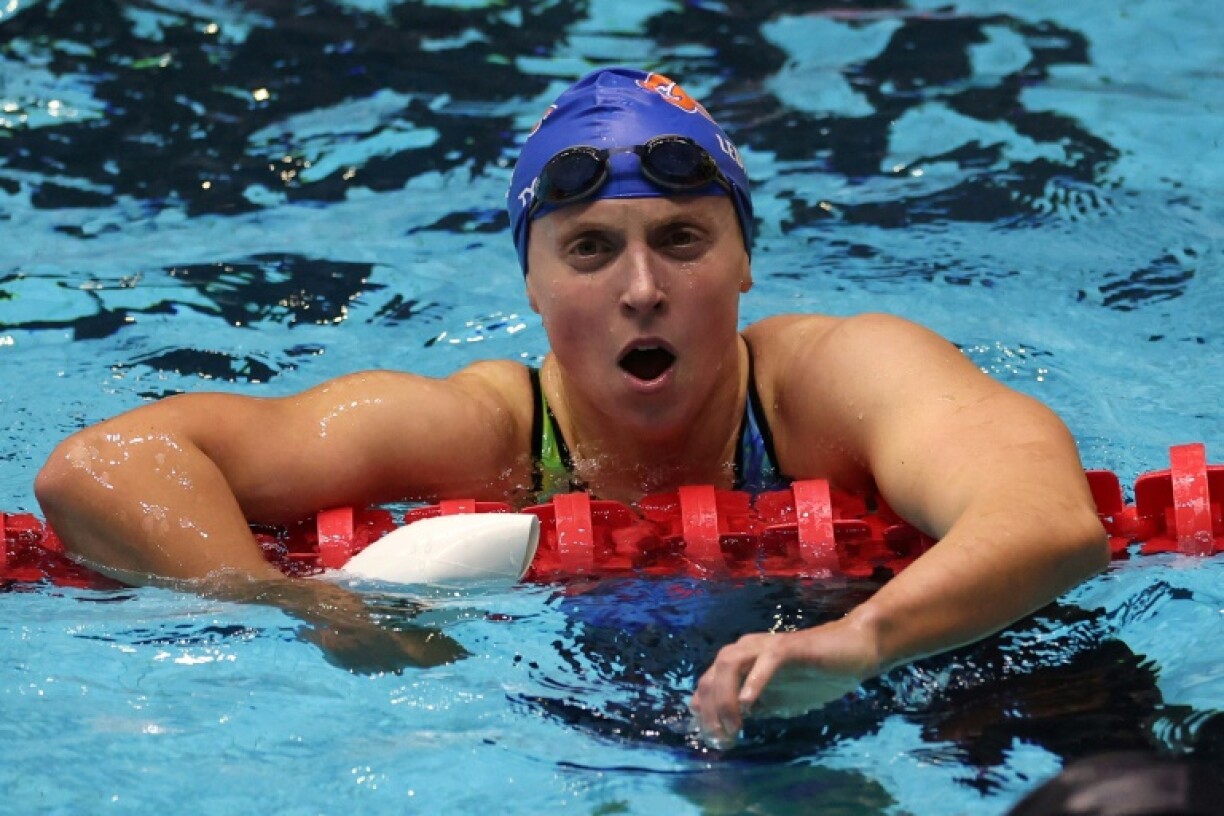 Katie Ledecky reacts after winning the 400m freestyle at the US Swimming Championships in Indianapolis, Indiana