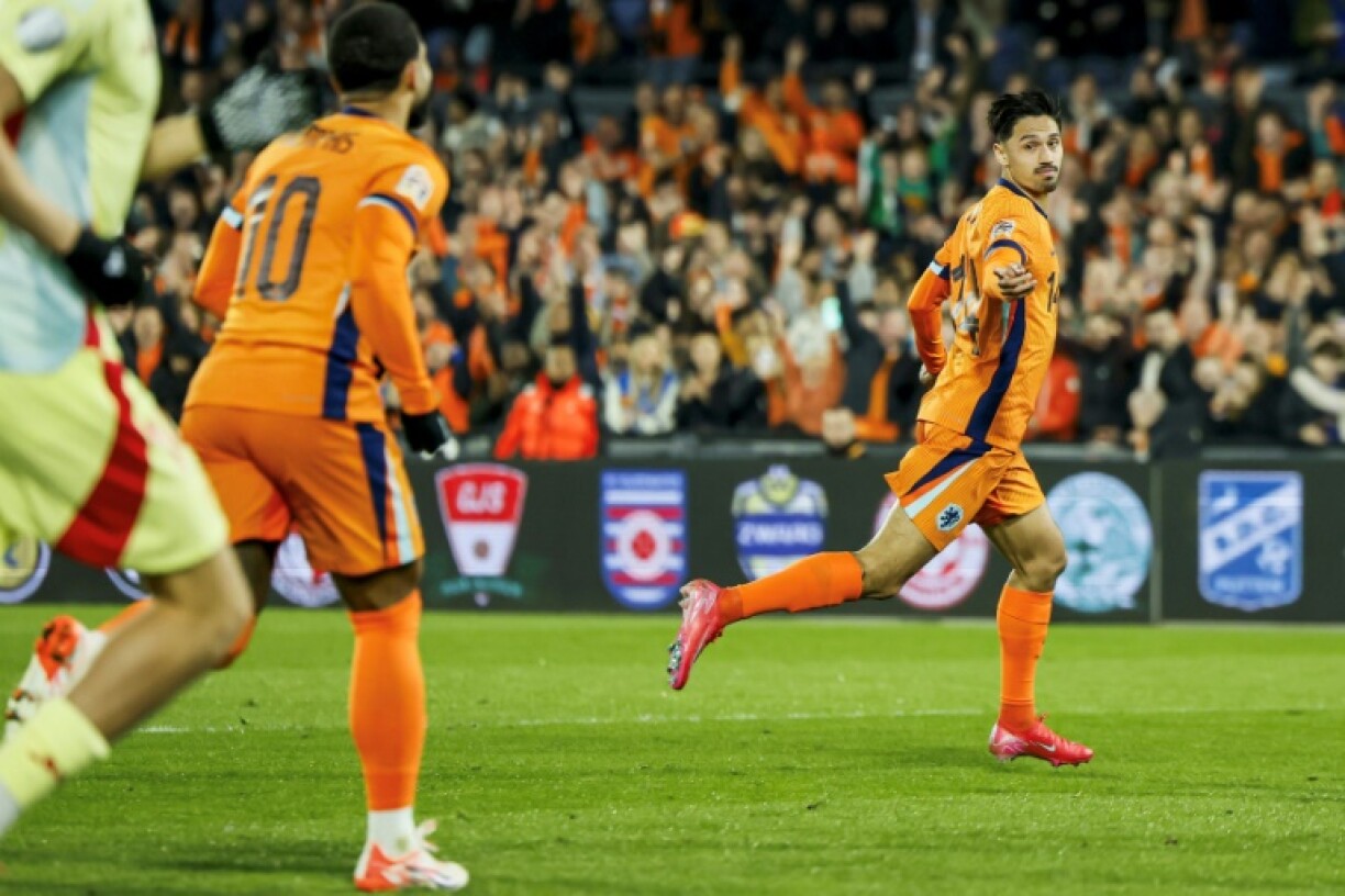 Tijjani Reijnders celebrates scoring for his country against Spain last week.