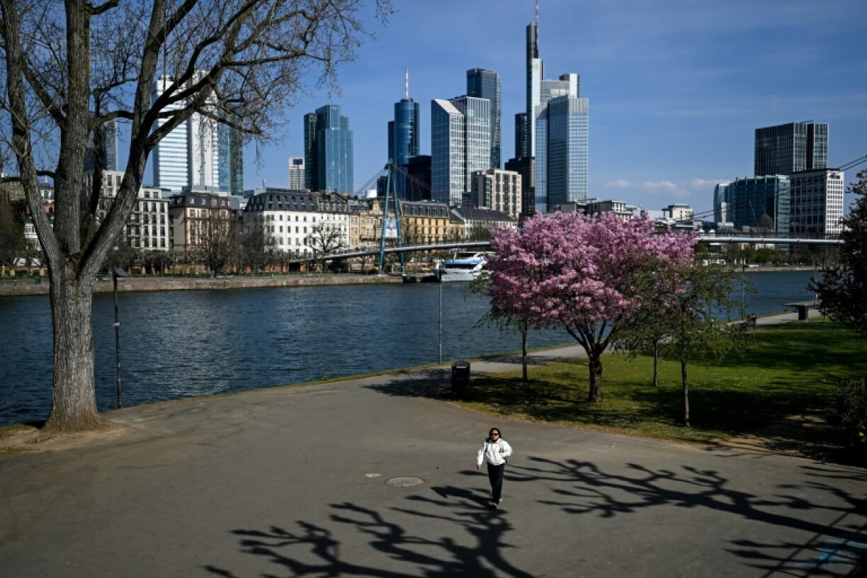 The river embankment in front of the banking district skyline in Frankfurt am Main