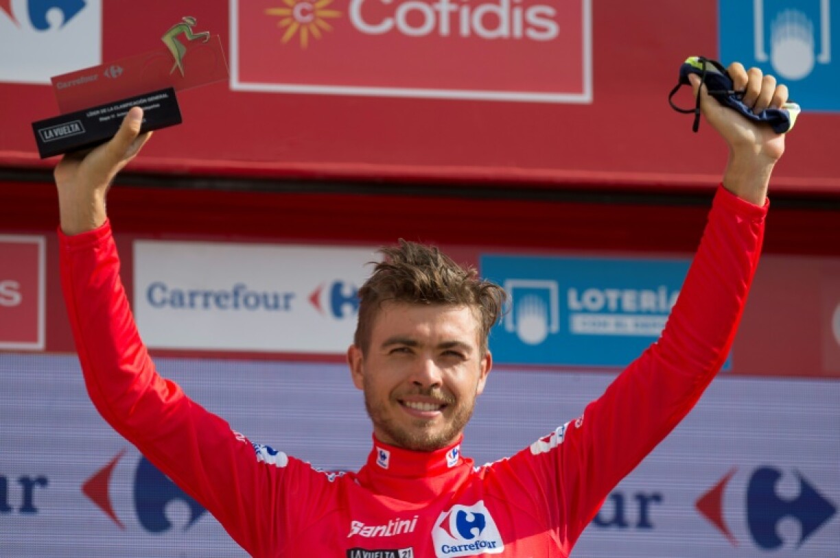 La joie du Norvégine Odd Christian Eiking, maillot rouge de leader de la Vuelta après la 11e étape, disputée entre Antequera et Valdepenas de Jaén, le 25 août 2021