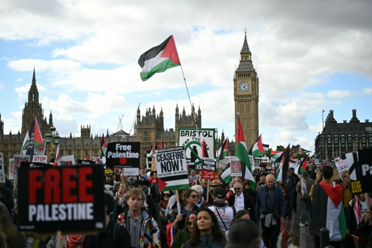 Marchers carried placards reacing 'End the genocide' and 'Free Palestine'