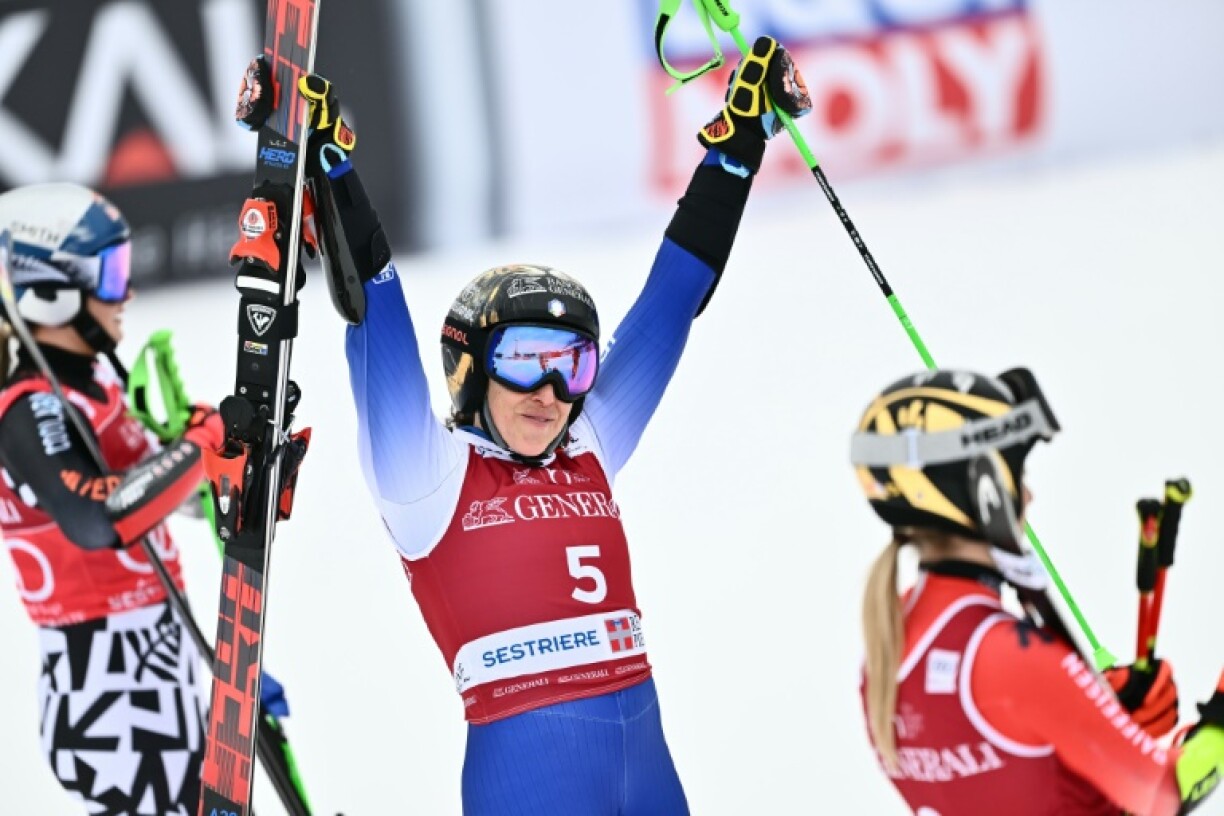 Federica Brignone celebrates after winning the Women's Giant Slalom in Sestriere