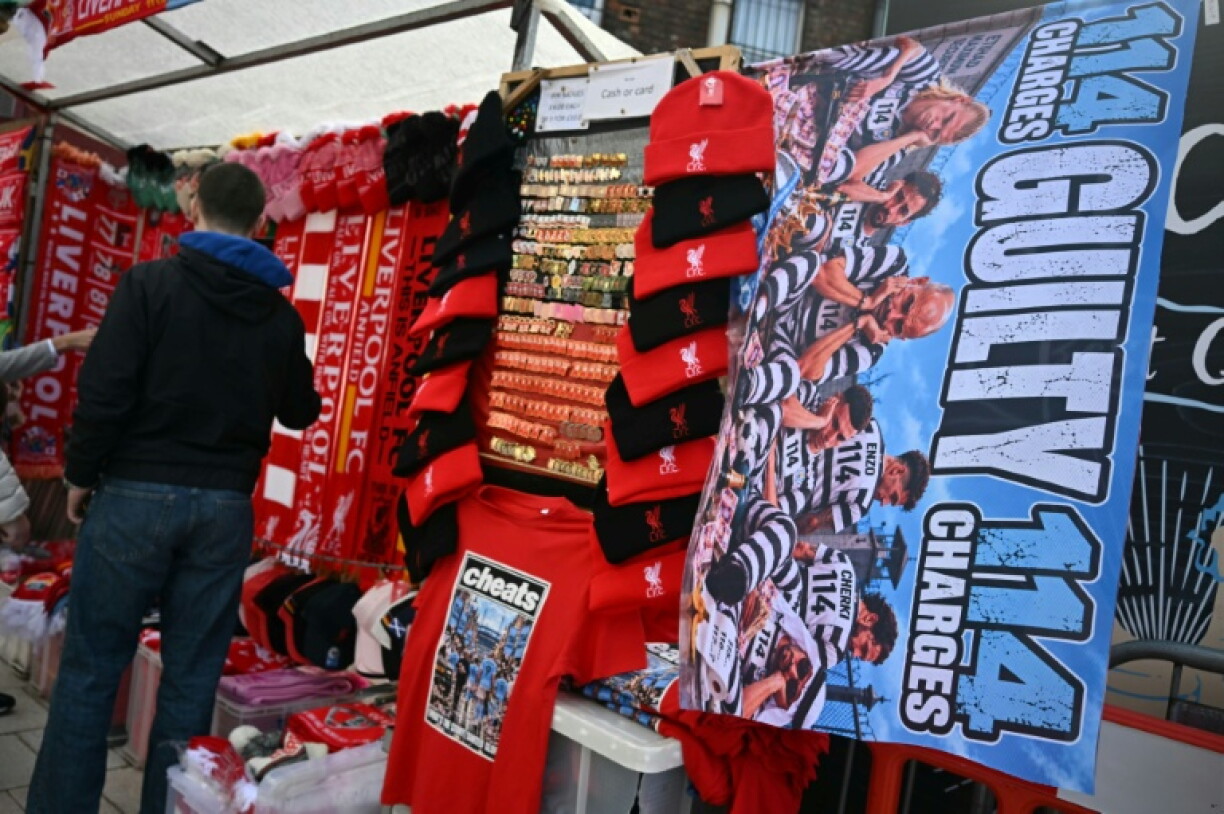 Merchandise mocking Manchester City and their financial scandal was on sale at Anfield