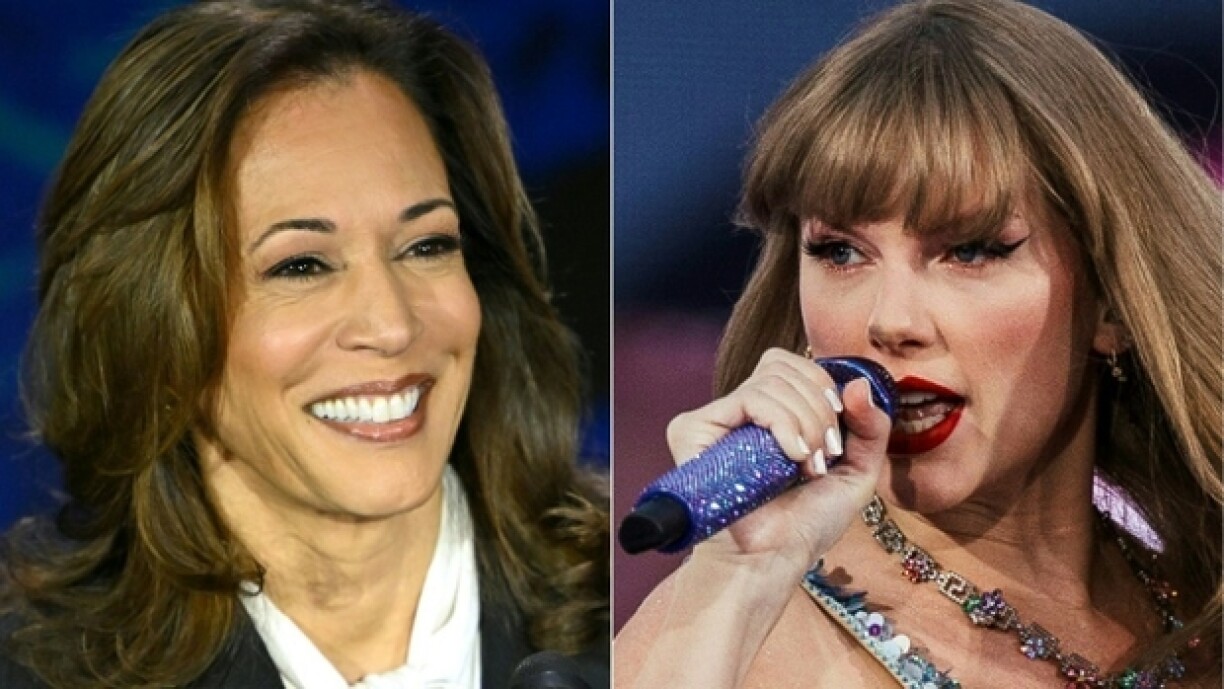 Combo de photos de la candidate démocrate Kamala Harris et de la superstar de la pop Taylor Swift, créé le 10 septembre 2024