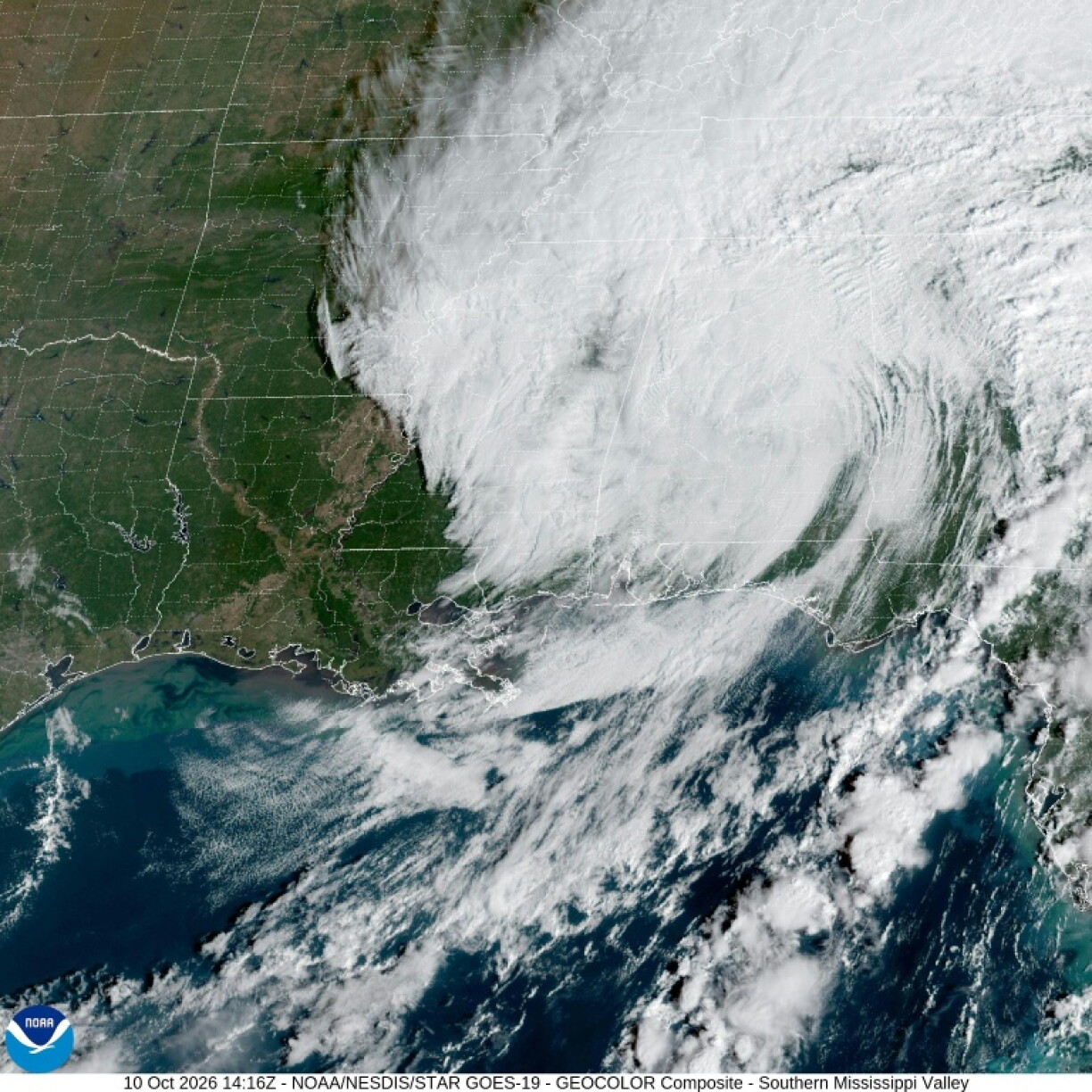 A satellite image shows Tropical Storm Isaias over the southeastern United States on October 10, 2026, after making landfall in Florida