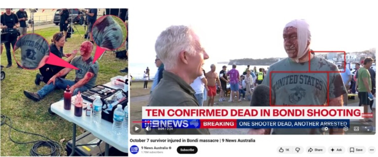 Screenshot comparison of the fabricated image (L) and the 9 News Australia clip, with discrepancies highlighted by AFP
