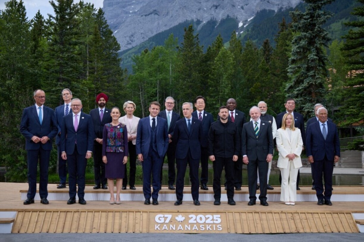 Chancellor of Germany Friedrich Merz, Prime Minister of Australia Anthony Albanese, President of Mexico Claudia Sheinbaum, President of France Emmanuel Macron, Prime Minister of Canada Mark Carney, President of Ukraine Volodymyr Zelenskyy, President of Brazil Luiz Inacio Lula da Silva, Prime Minister of Italy Giorgia Meloni and European Council President Antonio Costa, United States Secretary of the Treasury Scott Bessent, president of the World Bank Group Ajay Banga, Presdent of the European Commission Ursula von der Leyen, UK Prime Minister Sir Keir Starmer, South Korean President Lee Jae-myung, President of South Africa Cyril Ramaphosa, Prime Minister of India Narendra Modi, Prime Minister of Japan Shigeru Ishiba and Secretary-general of the United Nations Antonio Guterres during a family photo at the G7 Leaders' Summit on June 17, 2025 in Kananaskis, Alberta, Canada.