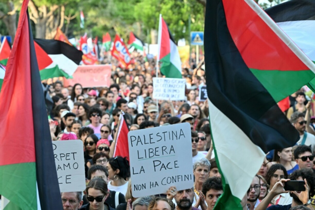 Several thousand protesters marching against Israel's siege of Gaza on the sidelines of the festival