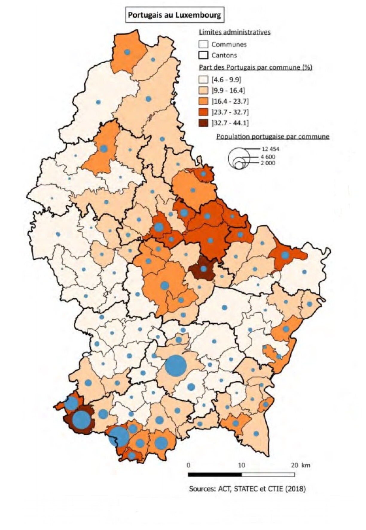 Voici la part des Portugais selon les communes luxembourgeoises. Leur préférence pour le nord-est et le sud-ouest est particulièrement visible ici.