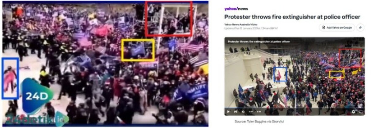 Screenshot comparison of the video shared in the false post (L) and on Yahoo News Australia, with matching elements highlighted by AFP