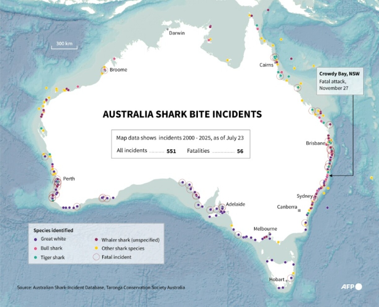 Australia shark bite incidents 2000 - 2025