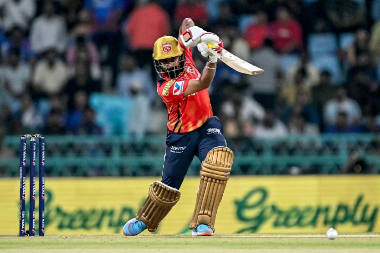 Prabhsimran Singh drives the ball during Punjab Kings' win against Lucknow Super Giants in the IPL