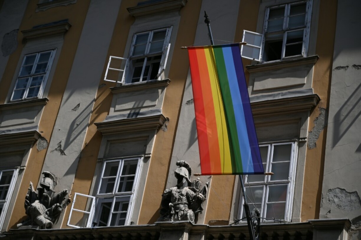 A rainbow flag hangs at Budapest city hall