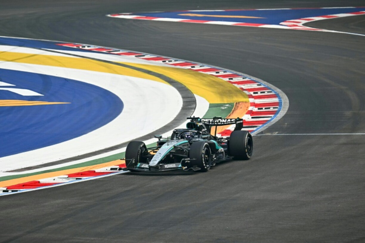 Mercedes' British driver George Russell drives during a practice session ahead of the Formula One Singapore Grand Prix at the Marina Bay Street Circuit