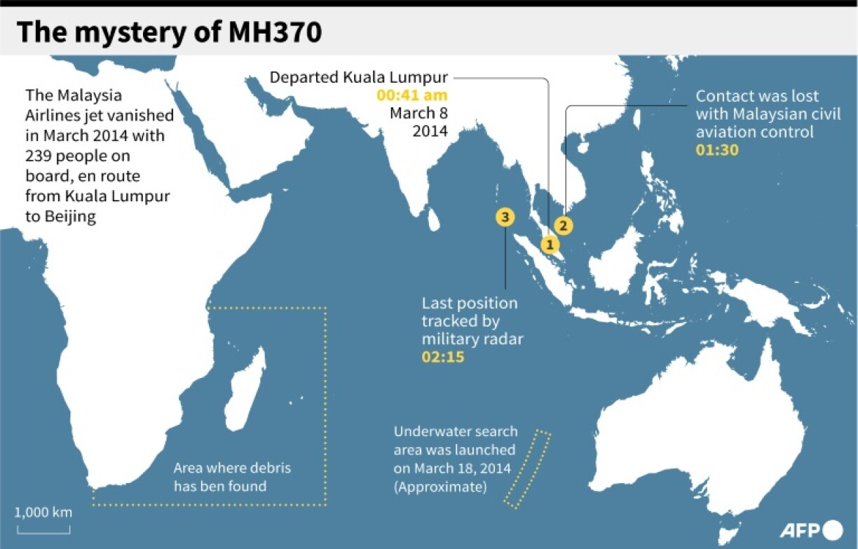 Map outlining the main locations relating to the 2014 disappearance of Malaysia Airlines flight MH370