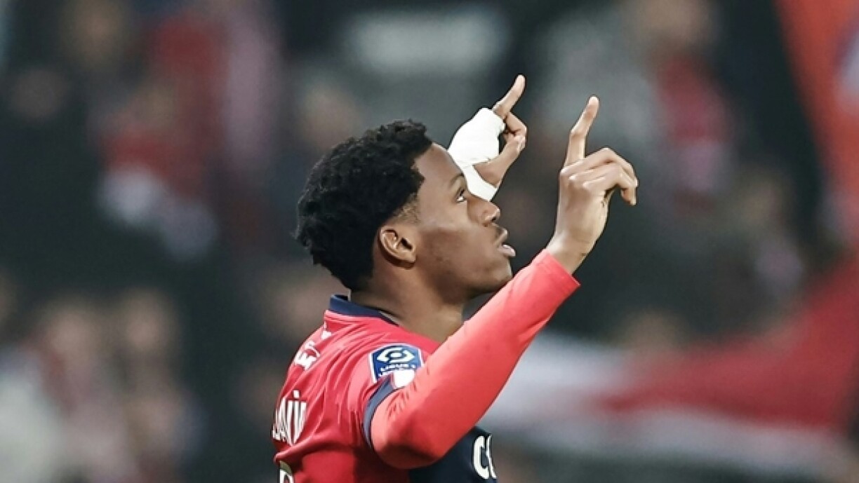 L'attaquant de Lille Jonathan David auteur d'un triplé contre Lyon, le 10 mars 2023 à Villeneuve-d'Ascq