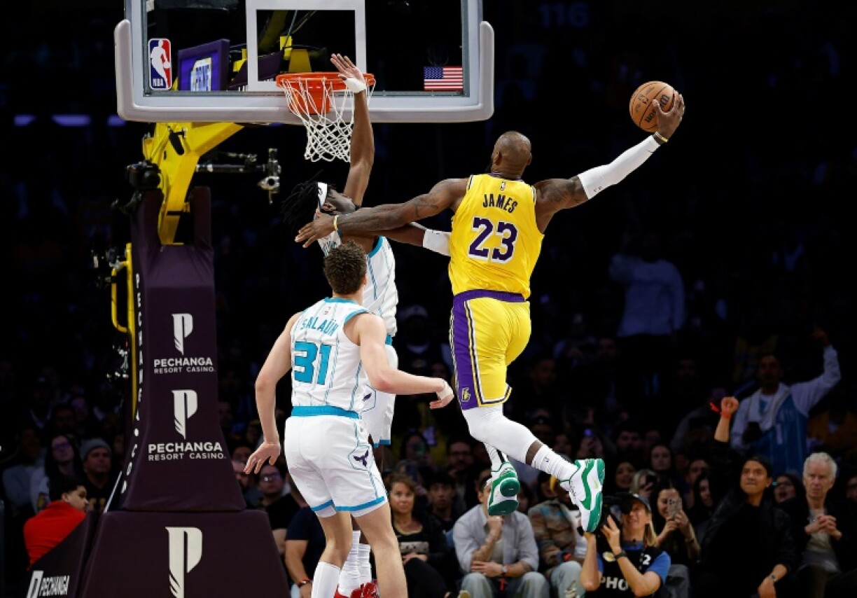 LeBron James drives to the basket in the Los Angeles Lakers defeat to the Charlotte Hornets