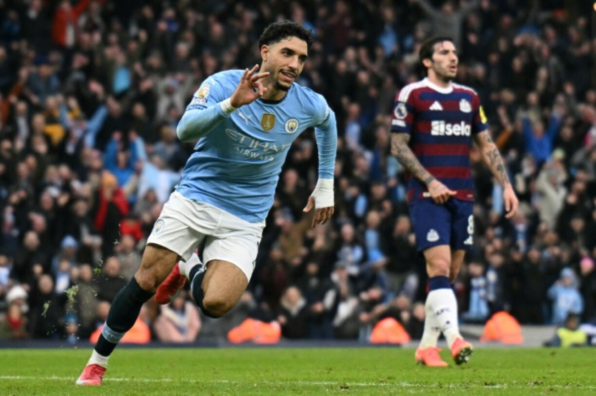 Manchester City's Omar Marmoush celebrates after scoring his third goal in the 4-0 rout of Newcastle