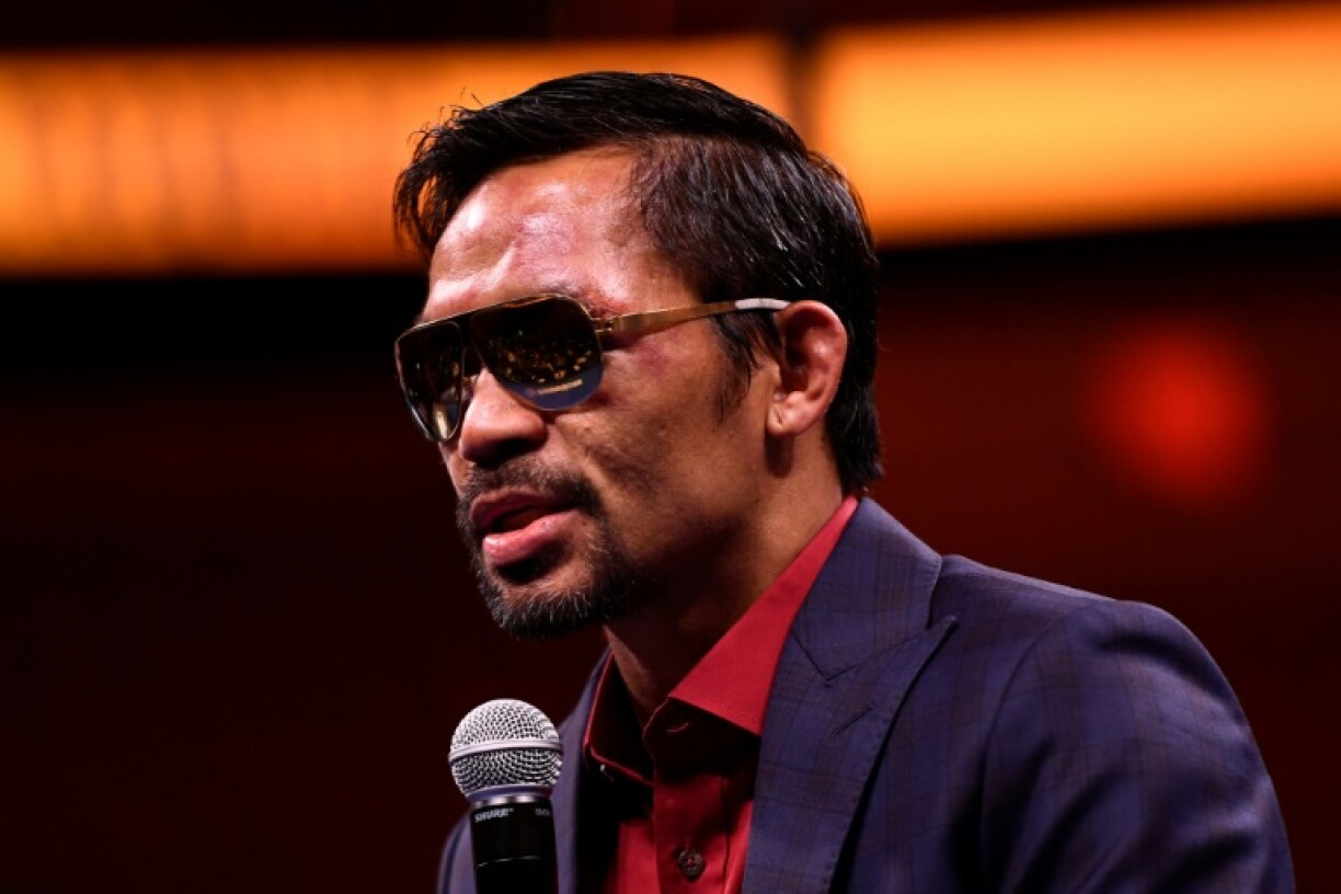 Le boxeur philippin Manny Pacquiao lors d'une conférence de presse après sa défaite contre le Cubain Yordenis Ugas à Las Vegas le 21 août 2021
