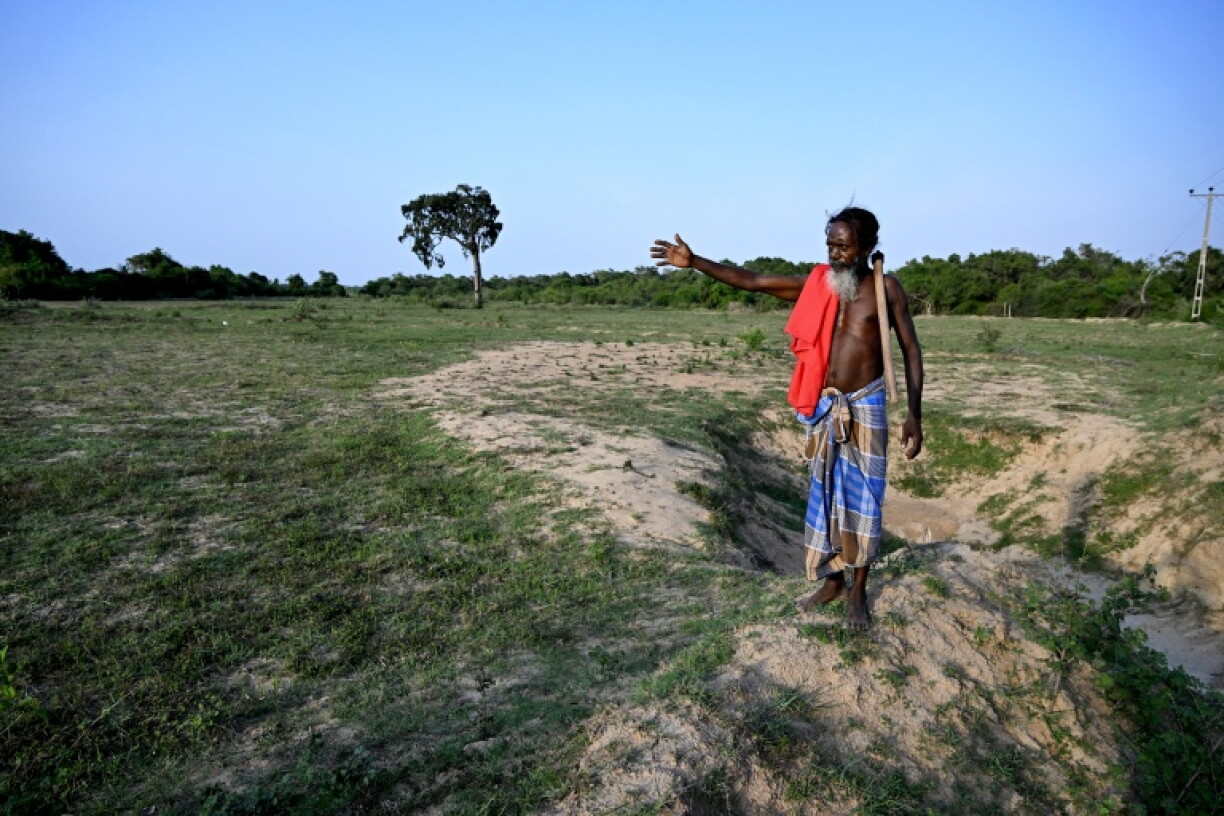 Ambalavar Nallathambi Velayutham, a farmer and leader of an indigenous community, points to his disputed paddy field at Kunjankulam village in Batticaloa, Eastern Province