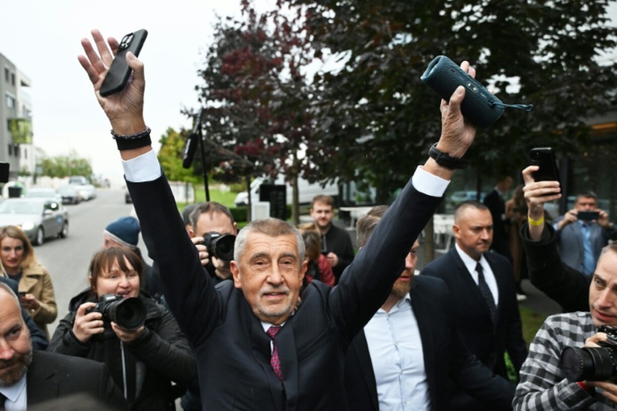 Andrej Babis, leader of the ANO movement, reacts as he arrives at the ANO headquarter on October 04, 2025 in Prague during the parliamentary elections