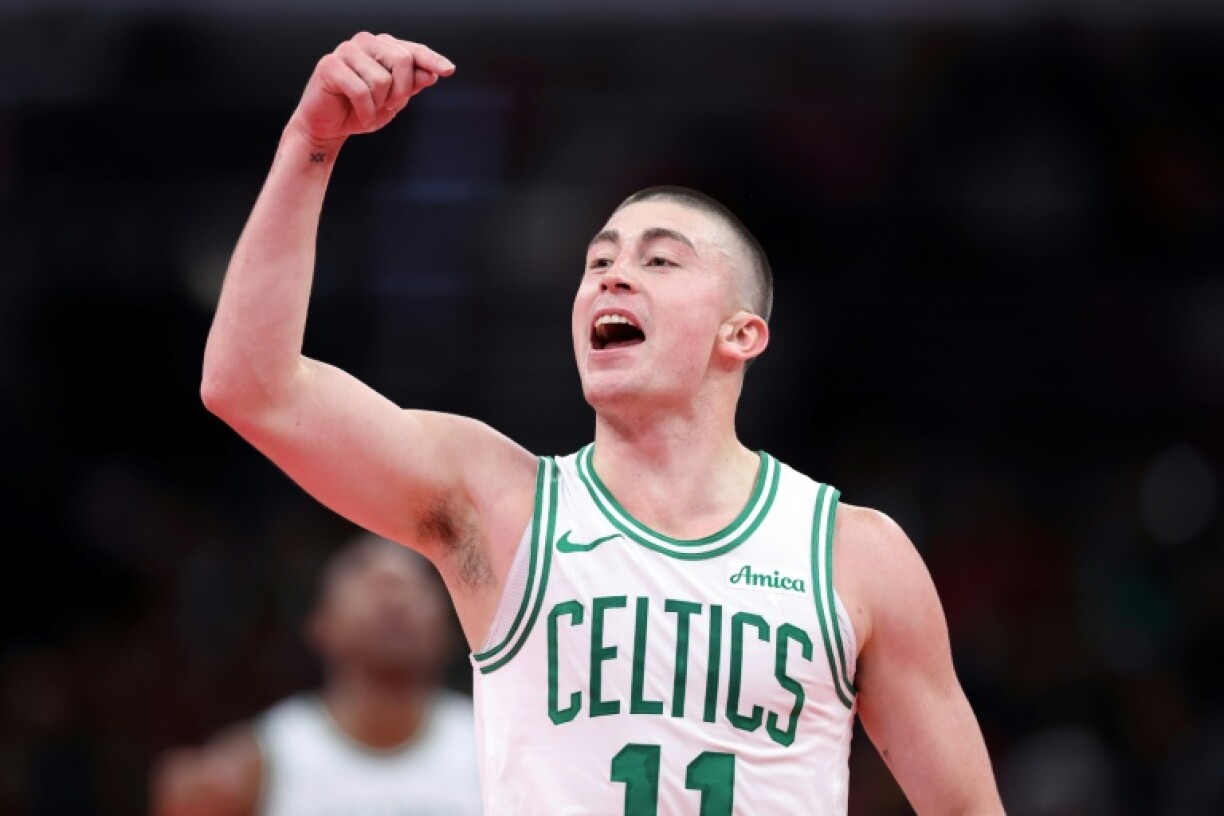 Boston's Payton Pritchard reacts after a basket in the Celtics' NBA victory over the Chicago Bulls