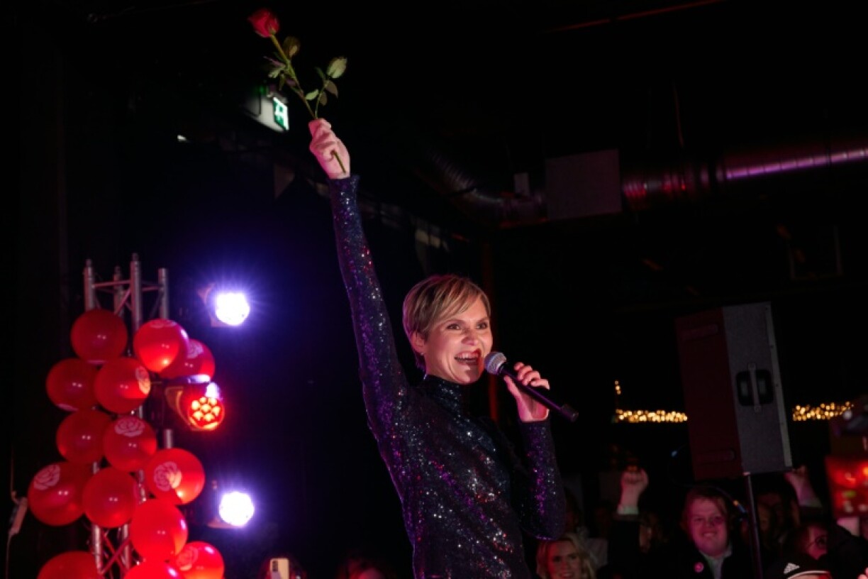 Social Democratic leader Kristrun Frostadottir speaks to supporters after the release of exit polls
