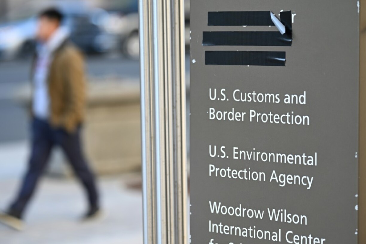 Black tape covers a reference to the United States Agency for International Development (USAID) near its headquarters in Washington