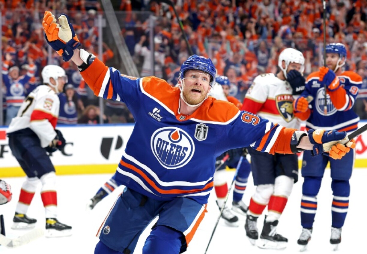 Corey Perry of the Edmonton Oilers reacts after scoring a game-tying goal against the Florida Panthers in the third period of game two of the NHL Stanley Cup Final