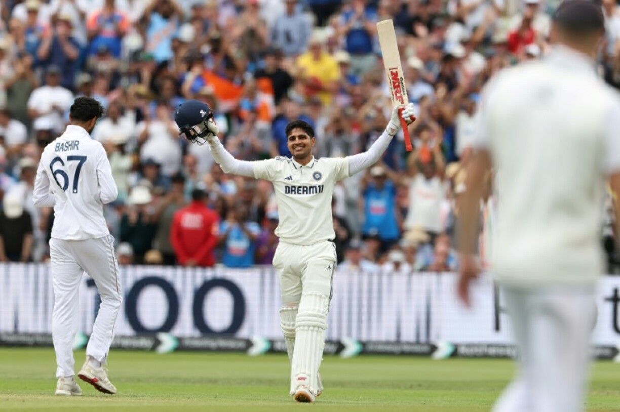 India's Shubman Gill celebrates his second century of the match in the second Test against England at Edgbaston