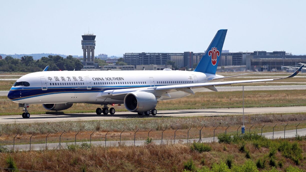 An Airbus A350-941 of China Southern Airlines at Toulouse Blagnac airport in July 2023.