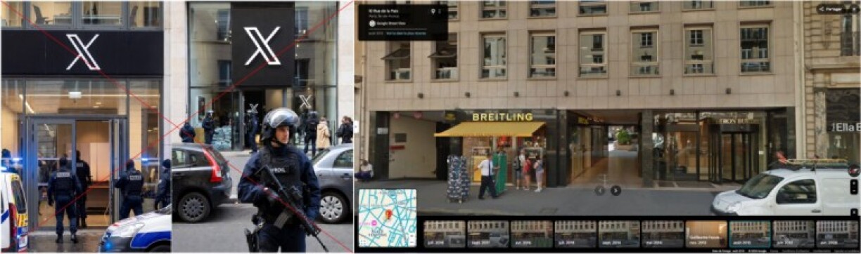 Comparaison des images générées par IA (à gauche) avec l'aperçus de la façade du 10 rue de la Paix (75002 Paris) en août 2013 (à droite). Captures d'écran, mosaïque et croix rouge effectuées le 5 février 2026 par l'AFP.