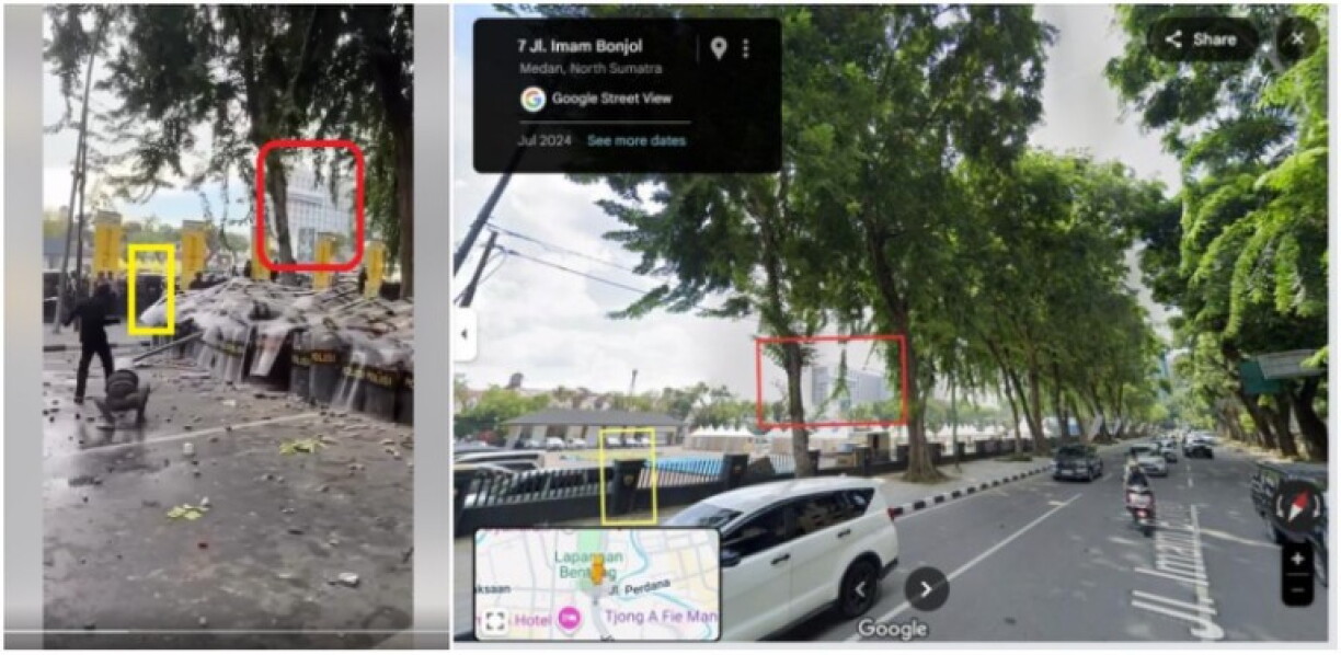 Screenshot comparison of the falsely shared video (L) and Google Street View imagery, with matching features highlighted by AFP