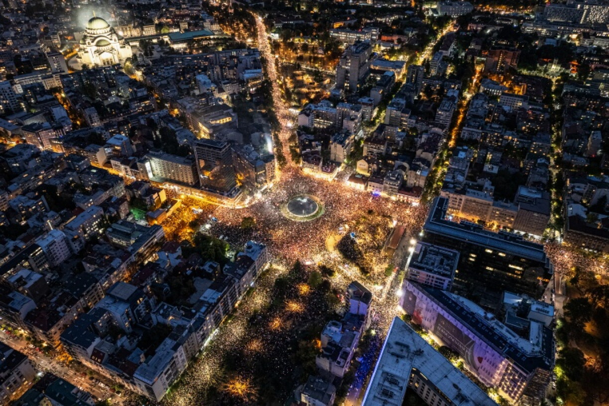 This aerial photograph shows supporters of Serbia's student-led movement attending the final campaign rally