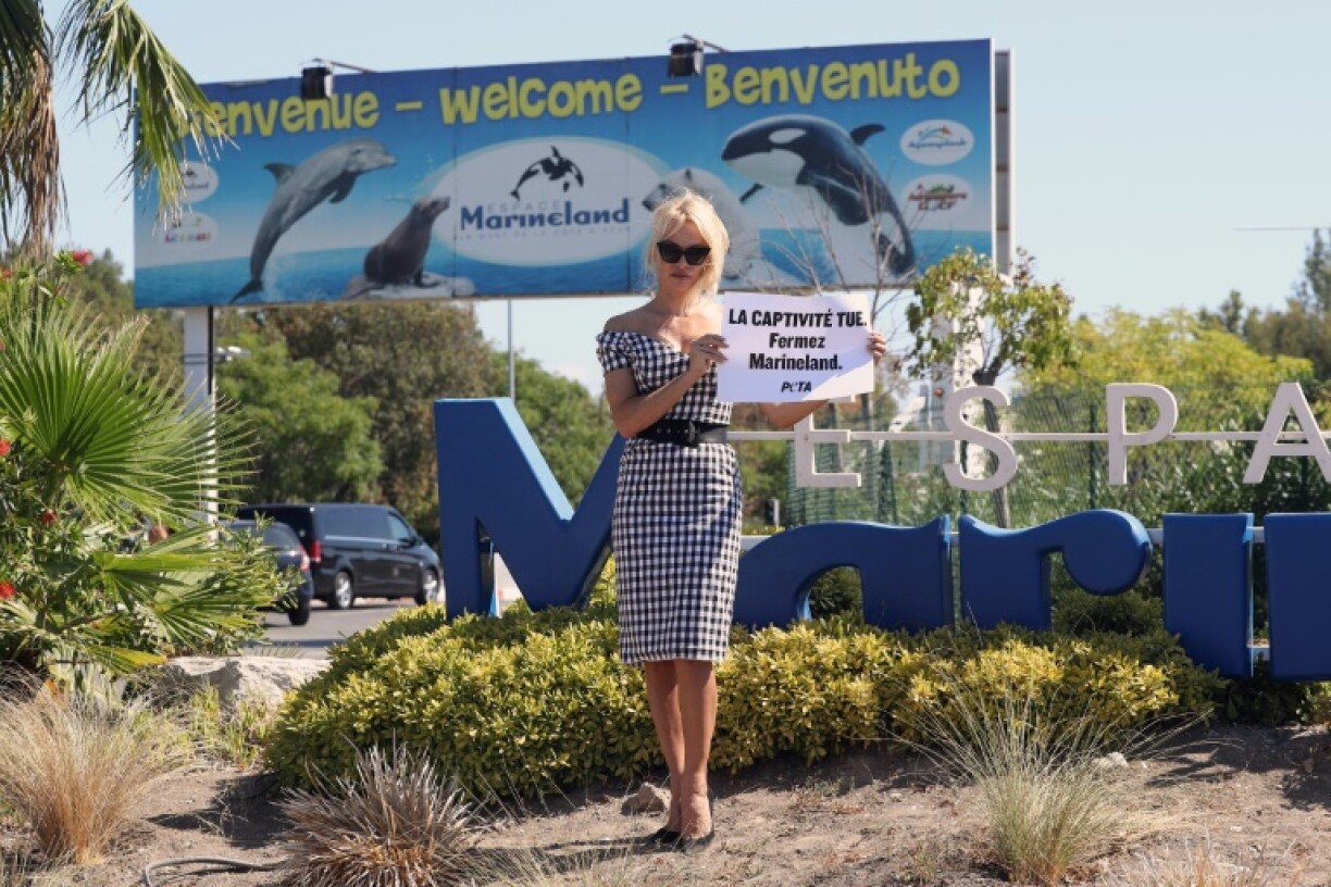 US actress Pamela Anderson holds a placard reading 'Captivity kills, shut Marineland' in front of the French park