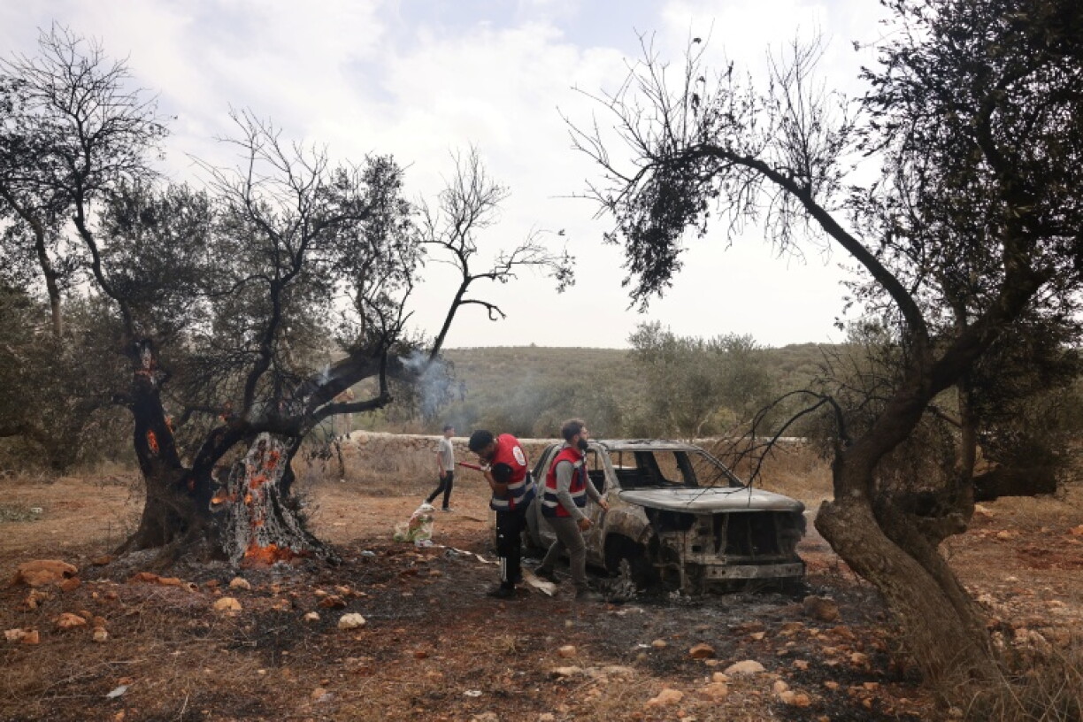 Des bénévoles palestiniens inspectend une oliveraie incendiée par des colons israéliens près de Ramallah, en Cisjordanie, le 16 octobre 2026