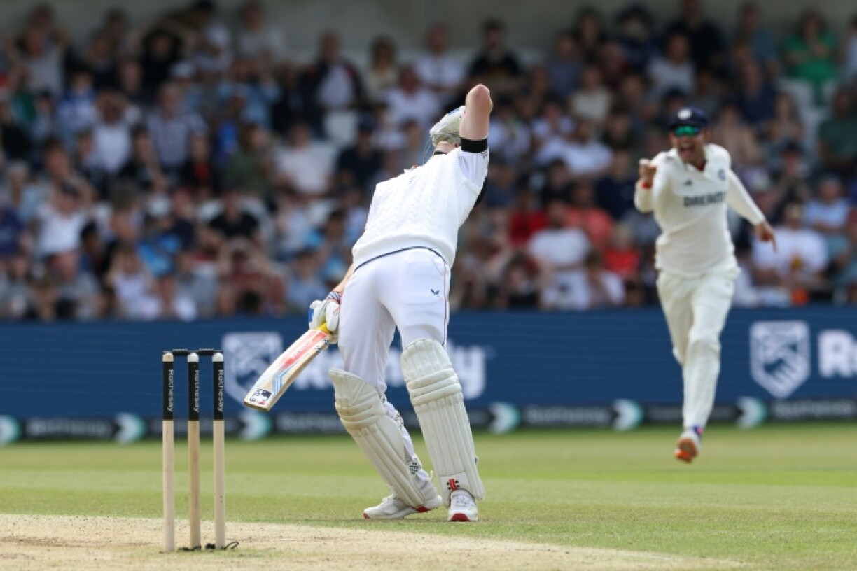 England's Harry Brook reacts after falling for 99 in the first Test against India at Headingley