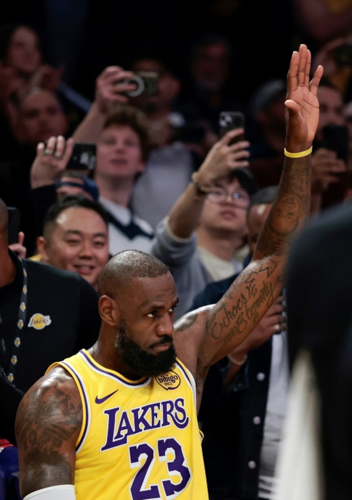 LeBron James acknowleges the applause after setting his 50,000-point scoring milestone
