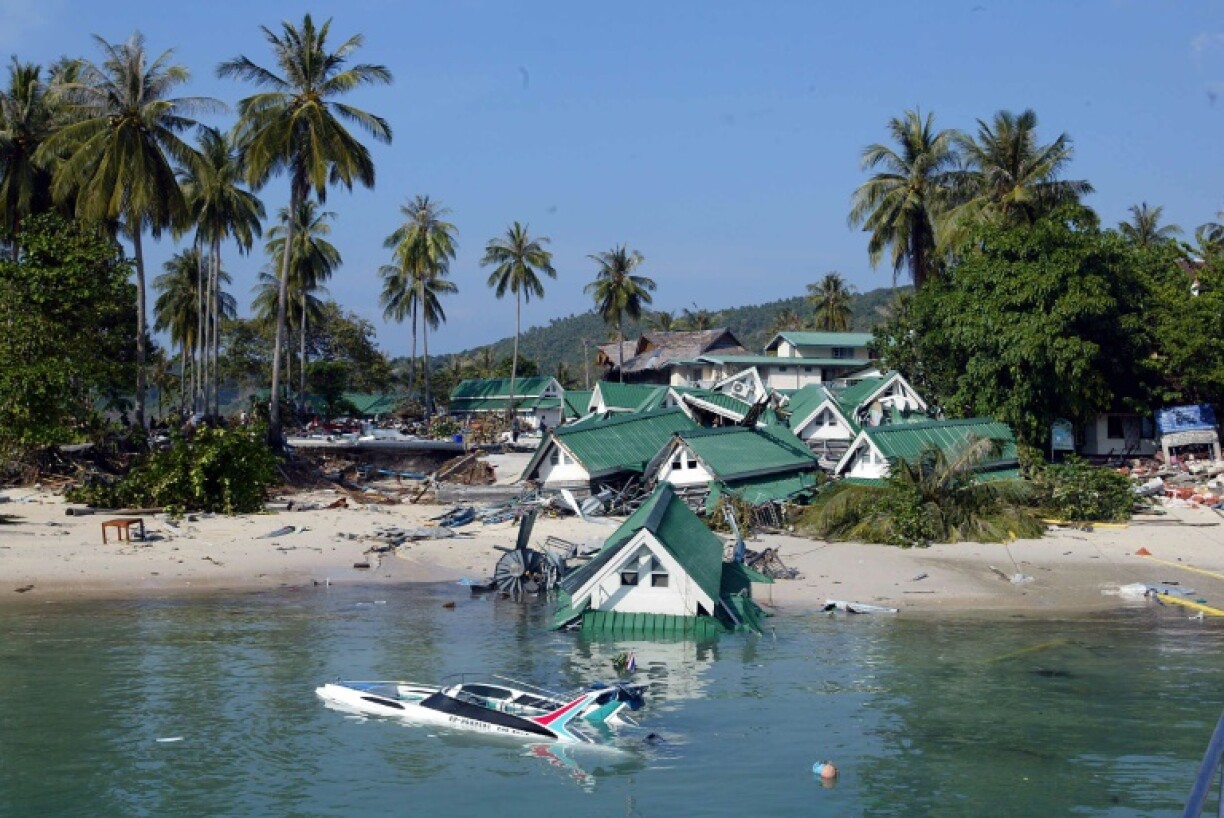 Damaged buildings are seen on Phi Phi island in southern Thailand on December 27, 2004