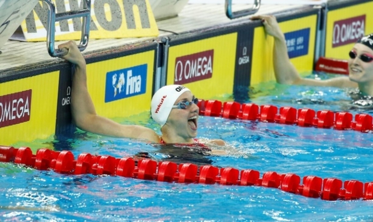 D'Katinka Hosszu no hirer Victoire op den 200 Meter Papillon bei de Weltmeeschterschaften am klenge Baseng den 12. Dezember 2018 zu Hangzhou a China.