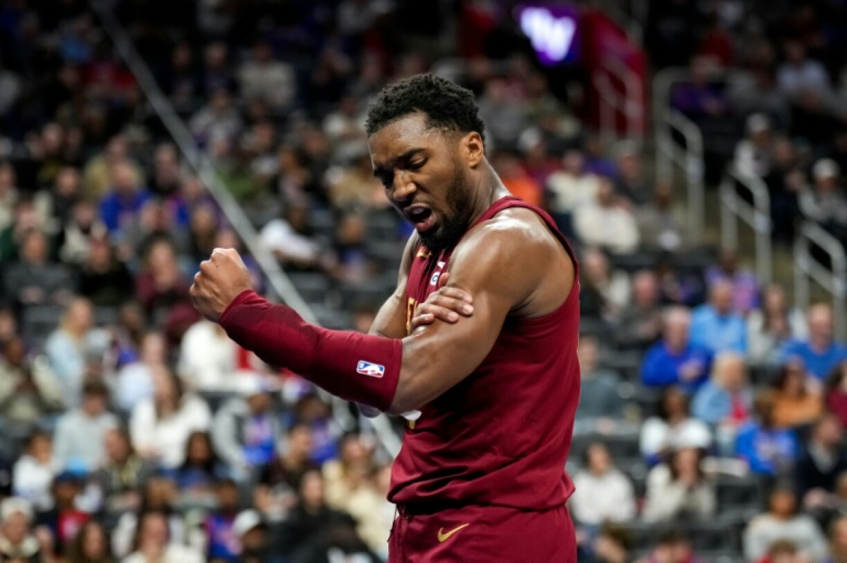 Donovan Mitchell of the Cleveland Cavaliers celebrates during an NBA game against the Detroit Pistons