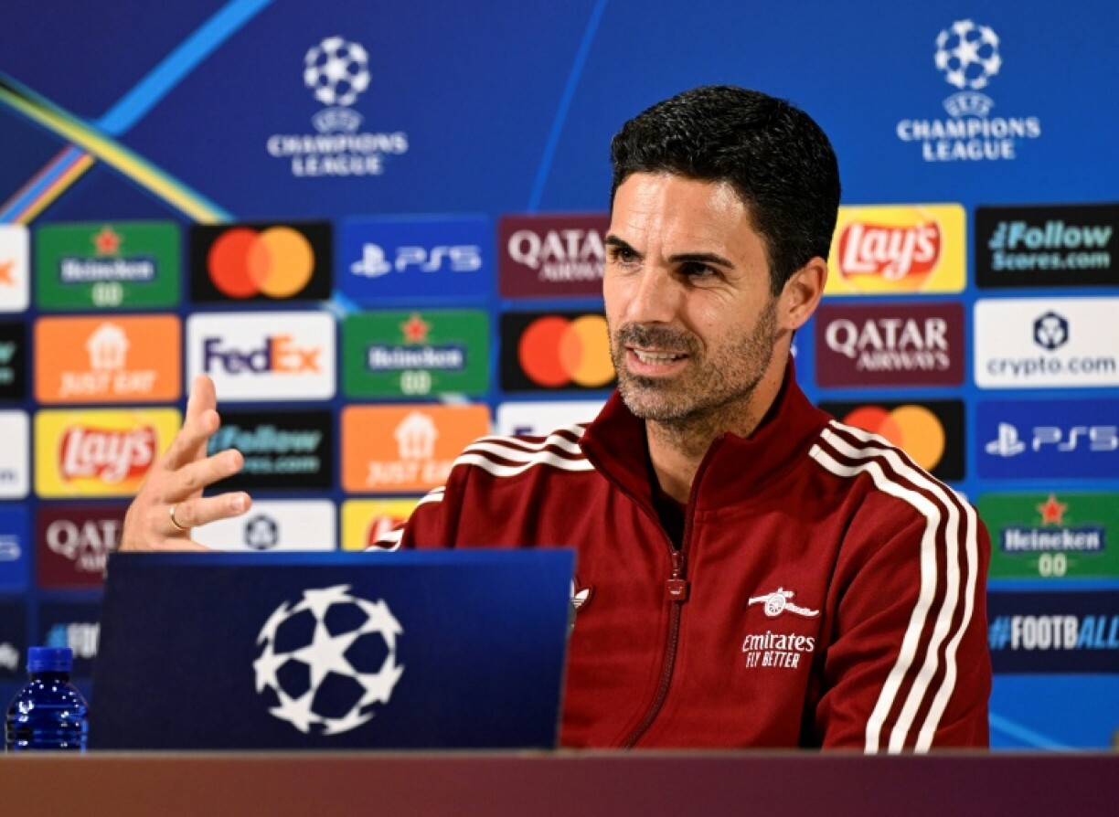 Arsenal's Spanish coach Mikel Arteta gives a press conference on the eve of the Champions League football match against Athletic Bilbao